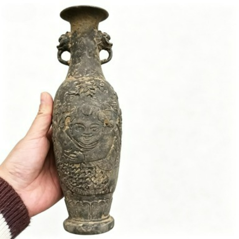 Collectible Vintage Tools - Bronze-Sammlung: Geschnitzte Fisch-Dekorationsvase, Zhenzhai-Dekoration, Zweihalsige Vase,
