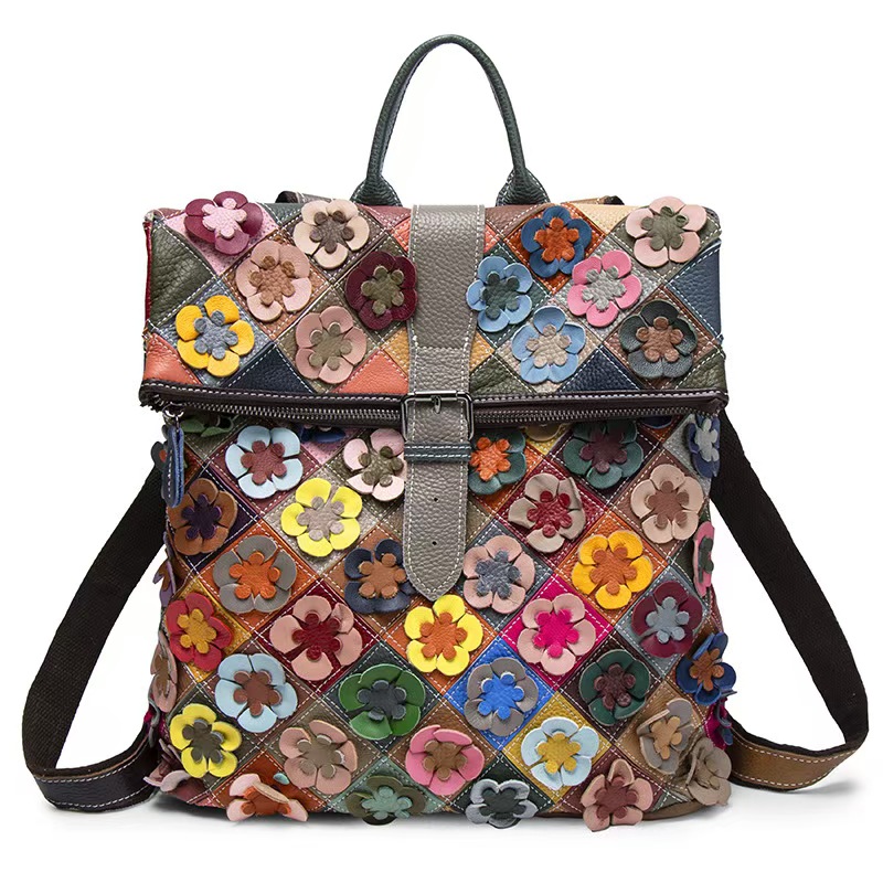 Vintage Zipper - Vintage Damen Echtleder-Rucksack mit Blumenmuster, Echtes
