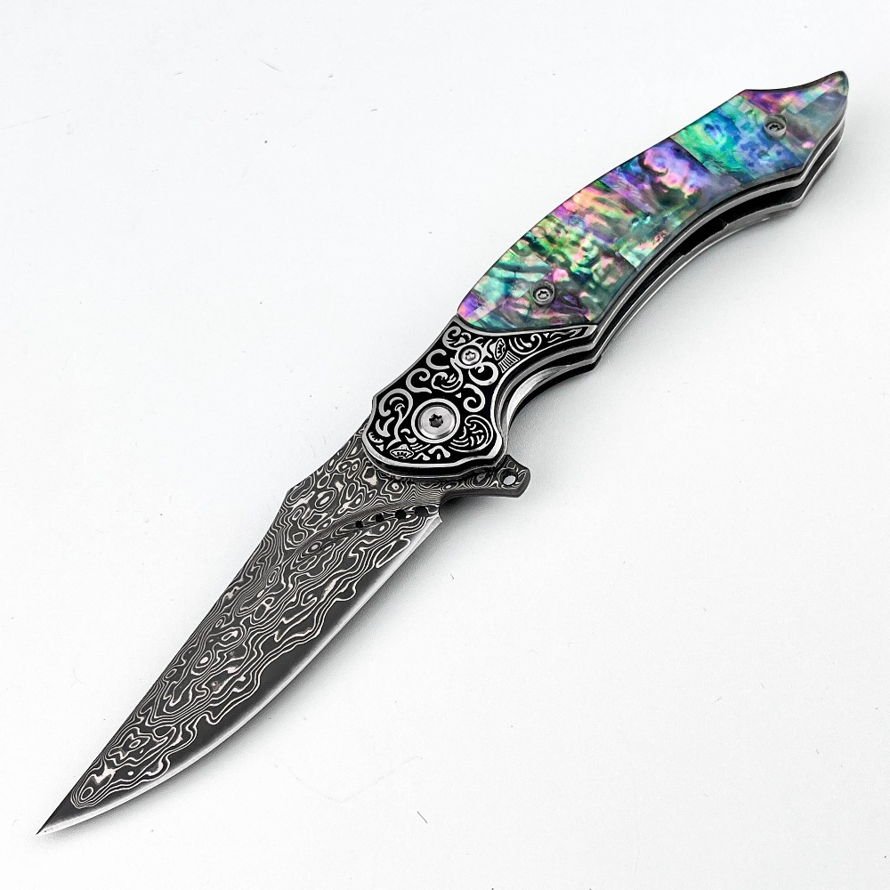 Vintage Collectible Knives - Neues Vintage-Messer mit Damastmuster-Klinge, schillerndem Abalone-Muschelgriff,