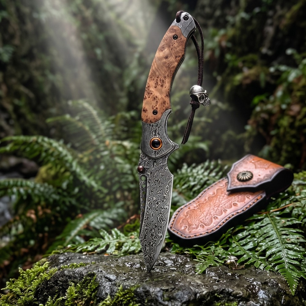 Vintage Collectible Knives - Hochwertiges Damastmuster-Klappmesser, Vintage Dekoratives Sammlerstück Taschenmesser