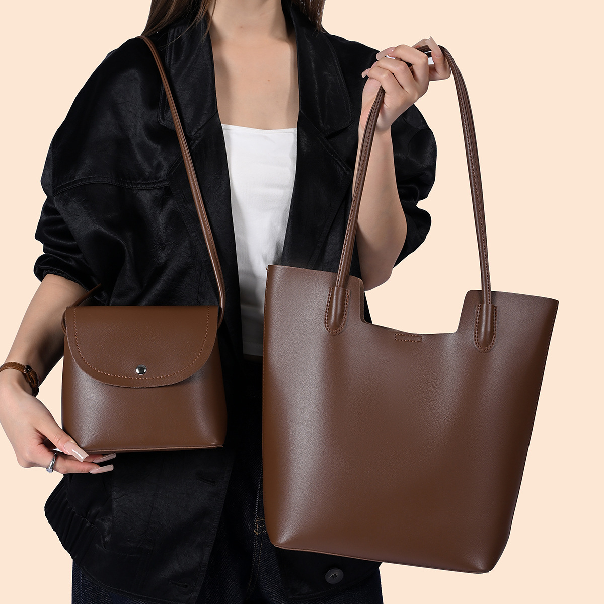 Vintage Zipper - PU-Leder Schultertaschen für Damen, Messenger-Taschen, 2-teiliges