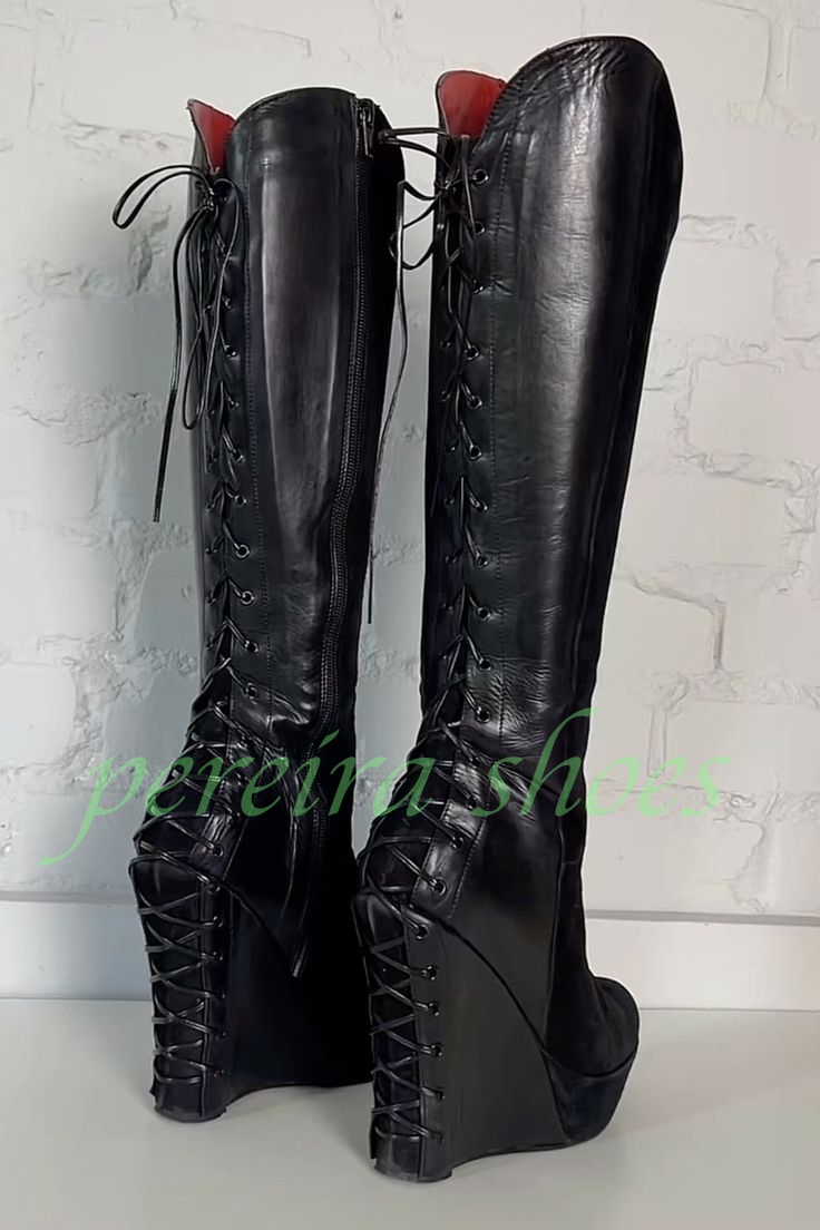 Vintage Zipper - Damen-Kniestiefel mit schwarzem Plateau und Keilabsatz,