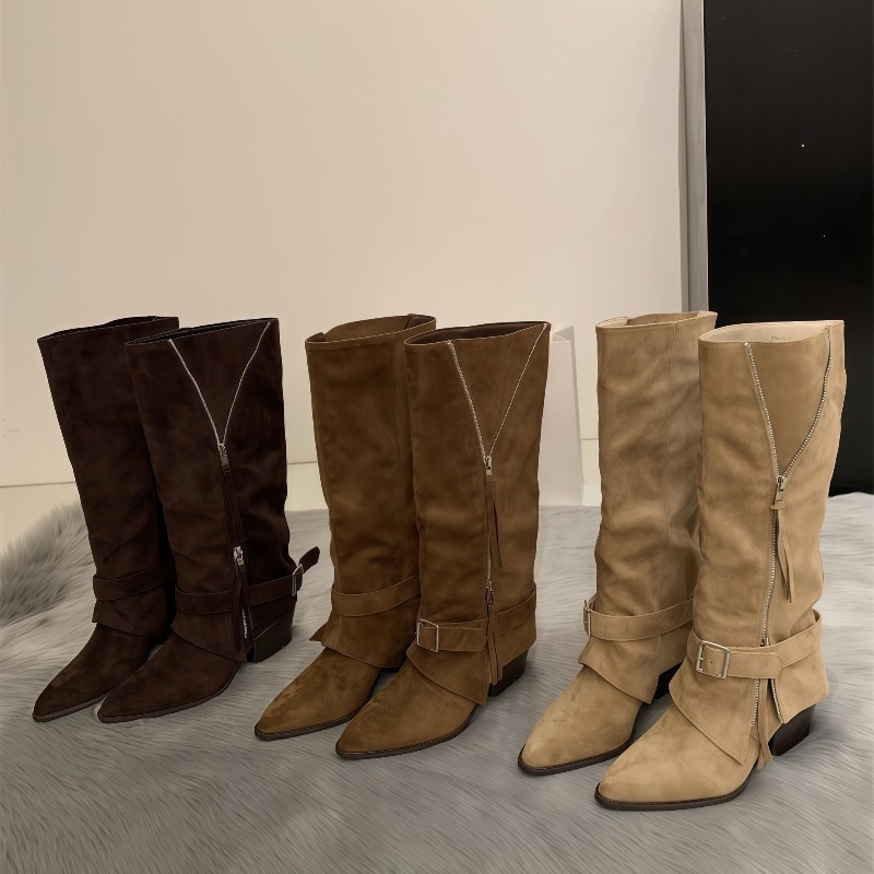 Vintage Zipper - Damenstiefel aus Vintage-Wildleder, Lässige Lange Stiefel