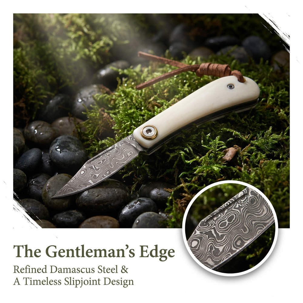 Vintage Collectible Knives - Vintage Damaskus Klappmesser mit Elfenbein-Knochen-Griff, Kompaktes