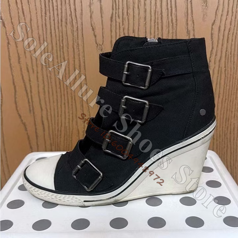 Vintage Zipper - Graue High-Top-Keilabsatz-Sneaker mit mehreren Schnallen, Vintage-Zehenkappe,